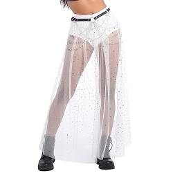 FYMNSI Damen 2 in 1 Transparent Mesh Rock Mit Hose Drunter High Waist T?llrock Lang Maxirock Glitzer Stern Strandrock Rave Outfit Musikfestivals Party Streetwear Clubwear Sommerrock Cover Up Wei? M von FYMNSI