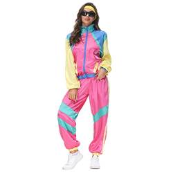 FYMNSI Damen 80er 90er Jahre Outfit Kostüm Trainingsanzug Jogginganzug Retro AnzugTrainingsjacke Hose mit Stirnband für Mottoparty Fasching Karneval Halloween Cosplay Assianzug Bad Taste Rose M von FYMNSI