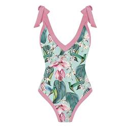 FYMNSI Damen Badeanzug Einteilige Monokini Raffung Bauchweg V-Ausschnitt Rückenfrei Schwimmanzug Bademode Blumen Gedruckt Figurformende Badeanzüge Sexy Push Up Sport Swimsuit Strandmode Sommer Rosa S von FYMNSI