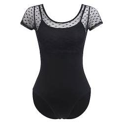 FYMNSI Damen Ballettanzug Ballettbody Sport Yoga Tanz Body Gymnastikanzug Trikot Kurzarm Bodysuit Mesh Einteiler Turnanzug Leotards Overall Oberteile Tops Elegant Ballett Bekleidung Schwarz S von FYMNSI