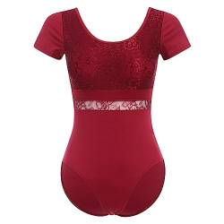 FYMNSI Damen Ballettanzug Ballettbody Sport Yoga Tanz Body Gymnastikanzug Trikot Kurzarm Bodysuit Spitze Einteiler Turnanzug Leotards Overall Oberteile Tops Elegant Ballett Bekleidung Dunkelrot S von FYMNSI