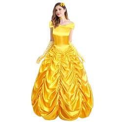 FYMNSI Damen Belle Kostüm Kleid Erwachsene Die Schöne und das Biest Fasching Karneval Cosplay Prinzessin Langes Abendkleid Halloween Costume Weihnacten Partykleid Märchen Verkleiden 5tlg 2XL von FYMNSI