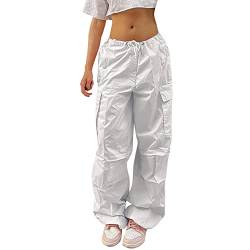 FYMNSI Damen Cargo Hose Cargohose Baggy Hose y2k Track Pants Niedrige Taille Locker Lange Hosen Streatwear mit Taschen Tunnelzug Elastischer Bund Jogginghose Parachute Freizeithose Arbeitshose Wei? L von FYMNSI