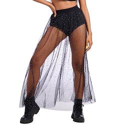 FYMNSI Damen Festival Glitzer Rock Rave Outfit 2 in 1 Transparent Mesh Rock Mit Hose Drunter High Waist T?llrock Lang Maxirock Hosenrock Strandrock Musikfestivals Party Streetwear Clubwear Schwarz L von FYMNSI