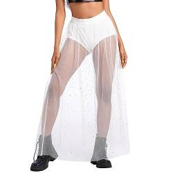 FYMNSI Damen Festival Glitzer Rock Rave Outfit 2 in 1 Transparent Mesh Rock Mit Hose Drunter High Waist T?llrock Lang Maxirock Hosenrock Strandrock Musikfestivals Party Streetwear Clubwear Wei? XL von FYMNSI