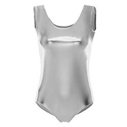 FYMNSI Damen Gl?nzende Ballettanzug Ballettbody Sport Tanz Body Gymnastikanzug Trikot ?rmellos Bodysuit Metallic Wetlook Einteiler Turnanzug Leotard Overall Lack Leder Oberteile Top Kost?me Silber 2XL von FYMNSI