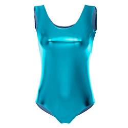 FYMNSI Damen Gl?nzende Ballettanzug Ballettbody Sport Tanz Body Gymnastikanzug Trikot ?rmellos Bodysuit Metallic Wetlook Einteiler Turnanzug Leotards Overall Lack Leder Oberteile Tops Kost?me Blau S von FYMNSI