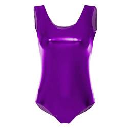 FYMNSI Damen Gl?nzende Ballettanzug Ballettbody Sport Tanz Body Gymnastikanzug Trikot ?rmellos Bodysuit Metallic Wetlook Einteiler Turnanzug Leotards Overall Lack Leder Oberteile Tops Kost?me Lila 2XL von FYMNSI