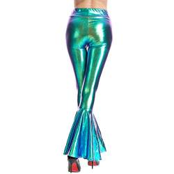 FYMNSI Damen Gl?nzende Schlaghose Trompetenhose Weite Bein Palazzo Lange Hose Hohe Bund Hippie 70er Glitzer Schlanke Leggins Einfarbig Metallic Wetlook Tanzhosen Disco Clubwear Laser Blau XL von FYMNSI