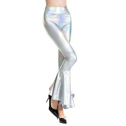 FYMNSI Damen Gl?nzende Schlaghose Trompetenhose Weite Bein Palazzo Lange Hose Hohe Bund Hippie 70er Glitzer Schlanke Leggins Einfarbig Metallic Wetlook Tanzhosen Disco Clubwear Laser Silber XXL von FYMNSI