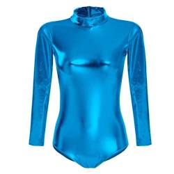 FYMNSI Damen Glänzende Ballettanzug Ballettbody Sport Tanz Body Gymnastikanzug Trikot Langarm Bodysuit Metallic Wetlook Einteiler Turnanzug Leotards Overall Lack Leder Oberteile Top Kostüm Blau 2XL von FYMNSI