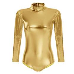 FYMNSI Damen Glänzende Ballettanzug Ballettbody Sport Tanz Body Gymnastikanzug Trikot Langarm Bodysuit Metallic Wetlook Einteiler Turnanzug Leotards Overall Lack Leder Oberteile Top Kostüm Gold L von FYMNSI