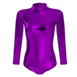 FYMNSI Damen Glänzende Ballettanzug Ballettbody Sport Tanz Body Gymnastikanzug Trikot Langarm Bodysuit Metallic Wetlook Einteiler Turnanzug Leotards Overall Lack Leder Oberteile Top Kostüm Lila XL von FYMNSI