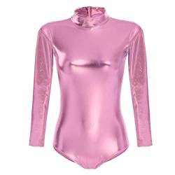 FYMNSI Damen Glänzende Ballettanzug Ballettbody Sport Tanz Body Gymnastikanzug Trikot Langarm Bodysuit Metallic Wetlook Einteiler Turnanzug Leotards Overall Lack Leder Oberteile Top Kostüm Rosa M von FYMNSI