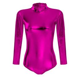 FYMNSI Damen Glänzende Ballettanzug Ballettbody Sport Tanz Body Gymnastikanzug Trikot Langarm Bodysuit Metallic Wetlook Einteiler Turnanzug Leotards Overall Lack Leder Oberteile Top Kostüm Rose XS von FYMNSI