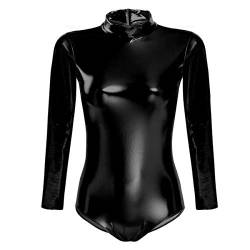 FYMNSI Damen Glänzende Ballettanzug Ballettbody Sport Tanz Body Gymnastikanzug Trikot Langarm Bodysuit Metallic Wetlook Einteiler Turnanzug Leotards Overall Lack Leder Oberteile Top Kostüm Schwarz XL von FYMNSI