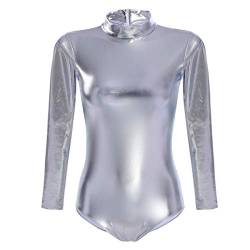 FYMNSI Damen Glänzende Ballettanzug Ballettbody Sport Tanz Body Gymnastikanzug Trikot Langarm Bodysuit Metallic Wetlook Einteiler Turnanzug Leotards Overall Lack Leder Oberteile Top Kostüm Silber XS von FYMNSI