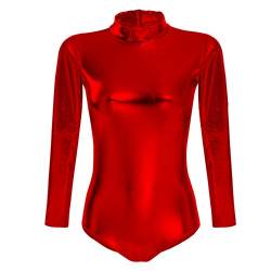 FYMNSI Damen Glänzende Ballettanzug Ballettbody Sport Tanz Body Gymnastikanzug Trikot Langarm Bodysuit Metallic Wetlook Einteiler Turnanzug Leotards Overall Lack Leder Oberteile Tops Kostüm Rot 2XL von FYMNSI