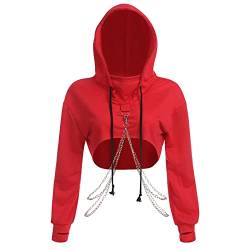 FYMNSI Damen Kapuzen Pullover Crop Top Gotik Punk Cropped Hoodies Sweatshirts Kurz Bauchfrei Kapuzenpullover Strickjacke Hooded mit Metall Kette Rave Festival Hip Hop Langarmshirts Oberteil Rot XL von FYMNSI