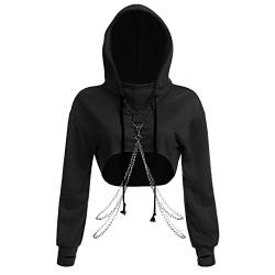 FYMNSI Damen Kapuzen Pullover Crop Top Gotik Punk Cropped Hoodies Sweatshirts Kurz Bauchfrei Kapuzenpullover Strickjacke Hooded mit Metall Kette Rave Festival Hip Hop Langarmshirts Oberteil Schwarz L von FYMNSI