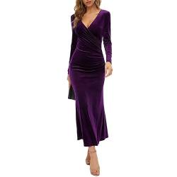 FYMNSI Damen Langarm Abendkleid Samt Maxikleid Tief V-Ausschnitt Samtkleid Elegant Cocktailkleid Weihnachtskleid Partykleid Winter Herbstkleid Hochzeit Enges Bodycon Meerjungfrau Ballkleid Lila L von FYMNSI