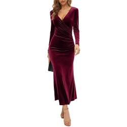 FYMNSI Damen Langarm Abendkleid Samt Maxikleid Tief V-Ausschnitt Samtkleid Elegant Cocktailkleid Weihnachtskleid Partykleid Winter Herbstkleid Hochzeit Enges Bodycon Meerjungfrau Ballkleid Weinrot M von FYMNSI