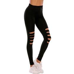 FYMNSI Damen Leggings Stretch Strumpfhose Leggins Zerrissen Lange Hosen Dünne Dehnbar Schlank Schrift Risse Destroyed Look Hüfthose Hohe Taille Yoga Lauf Fitness Freizeit Röhren Hose Schwarz M von FYMNSI