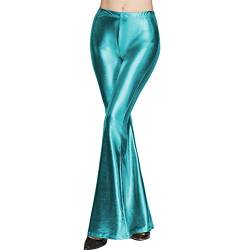 FYMNSI Damen Metallic Gl?nz Schlaghose Weite Bein Palazzo Hosen Hoher Bund Boot Cut Glitzer Lange Hose Schlanke Leggins Einfarbig Wet Look Stretch Leggings Tanzhosen Party Disco Clubwear Blauer See von FYMNSI