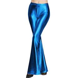 FYMNSI Damen Metallic Glänz Schlaghose Weite Bein Palazzo Hosen Hoher Bund Boot Cut Glitzer Lange Hose Schlanke Leggins Einfarbig Wet Look Stretch Leggings Tanzhosen Party Disco Clubwear Blau L von FYMNSI