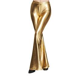 FYMNSI Damen Metallic Glänz Schlaghose Weite Bein Palazzo Hosen Hoher Bund Boot Cut Glitzer Lange Hose Schlanke Leggins Einfarbig Wet Look Stretch Leggings Tanzhosen Party Disco Clubwear Gold M von FYMNSI