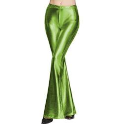 FYMNSI Damen Metallic Glänz Schlaghose Weite Bein Palazzo Hosen Hoher Bund Boot Cut Glitzer Lange Hose Schlanke Leggins Einfarbig Wet Look Stretch Leggings Tanzhosen Party Disco Clubwear Grün M von FYMNSI