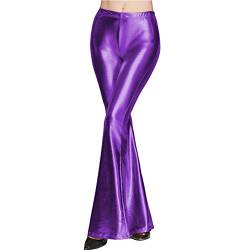 FYMNSI Damen Metallic Glänz Schlaghose Weite Bein Palazzo Hosen Hoher Bund Boot Cut Glitzer Lange Hose Schlanke Leggins Einfarbig Wet Look Stretch Leggings Tanzhosen Party Disco Clubwear Lila M von FYMNSI