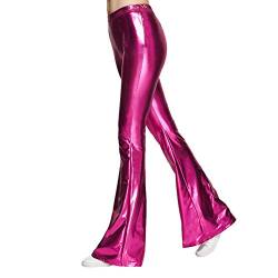 FYMNSI Damen Metallic Glänz Schlaghose Weite Bein Palazzo Hosen Hoher Bund Boot Cut Glitzer Lange Hose Schlanke Leggins Einfarbig Wet Look Stretch Leggings Tanzhosen Party Disco Clubwear Rose S von FYMNSI