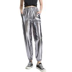 FYMNSI Damen Metallic Glänzed Hose Elastischer Bund Sporthose Locker Freizeit Casual Lang Hose Sweathose Jogginghose Leggins Einfarbig Wet Look Stretch Leggings Tanzhosen Party Disco Clubwear Grau L von FYMNSI