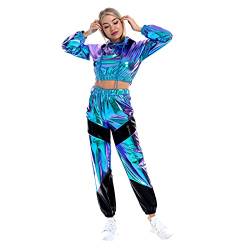 FYMNSI Damen Metallic Glänzend Jogginganzug Trainingsanzug Sportanzug Holographische Langarm Kapuzen Crop Top Pullover Sweatshirt Sweathose Hip Hop Streetwear 80er Jahre Fasching Kostüm Laser Blau M von FYMNSI