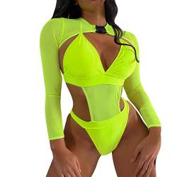 FYMNSI Damen Rave Outfits Techno Neon Body Crop Top mit Schnalle Langarm Badeanz?ge Bikini R?ckenfrei Monokini Y2K Mesh Raver Outfit f?r Festival Clubwear Party Strand Cover Up Bademode Gr?n S von FYMNSI