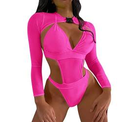 FYMNSI Damen Rave Outfits Techno Neon Body Crop Top mit Schnalle Langarm Badeanz?ge Bikini R?ckenfrei Monokini Y2K Mesh Raver Outfit f?r Festival Clubwear Party Strand Cover Up Bademode Rose XL von FYMNSI