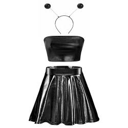 FYMNSI Damen Rave Tanz Outfit Au?erirdisches Alien Kost?m Gl?nzed Metallic Wetlook Bandeau Top und Hohe Taille Minirock Haarband Set Leder Optik Oberteil Sexy Gogo Clubwear Fasching 2# Schwarz L von FYMNSI