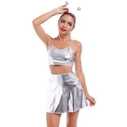 FYMNSI Damen Rave Tanz Outfit Au?erirdisches Alien Kost?m Gl?nzed Metallic Wetlook Tr?ger Crop Top und Hohe Taille Minirock Haarband Set Leder Optik Oberteil Sexy Gogo Clubwear Fasching 3# Silber 2XL von FYMNSI