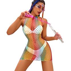 FYMNSI Damen Regenbogen Durchsichtig Fischnetz Ärmellos Mini Kleid Babydoll Bunte Mesh Netz Minikleid Bodycon Rave Festival Clubwear Nachtwäsche Negligee Dessous Erotik Badeanzug Cover Up Netz Kleid von FYMNSI