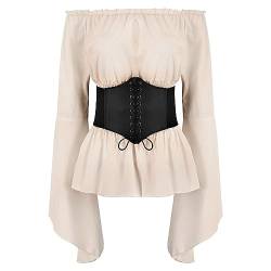 FYMNSI Damen Renaissance Bauernbluse Schulterfrei Tops Trompeten?rmel Gothic Boho Bluse Mittelalter Gesmokt Langarmshirt mit G?rtel Korsett Pirat Steampunk Wikinger Kleidung Kost?m Halloween Beige L von FYMNSI