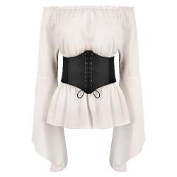 FYMNSI Damen Renaissance Bauernbluse Schulterfrei Tops Trompeten?rmel Gothic Boho Bluse Mittelalter Gesmokt Langarmshirt mit G?rtel Korsett Pirat Steampunk Wikinger Kleidung Kost?m Halloween Rahm S von FYMNSI