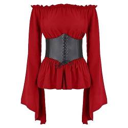 FYMNSI Damen Renaissance Bauernbluse Schulterfrei Tops Trompeten?rmel Gothic Boho Bluse Mittelalter Gesmokt Langarmshirt mit G?rtel Korsett Pirat Steampunk Wikinger Kleidung Kost?m Halloween Rot L von FYMNSI