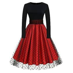 FYMNSI Damen Rockabilly Kleid 50er Jahre Abendkleider Elegant Hochzeit Gast Festliches Retro Vintage 1950er Langarm Herbstkleid Gepunktet Cocktailkleid Midi Partykleid Winter Abschlusskleid Rot S von FYMNSI