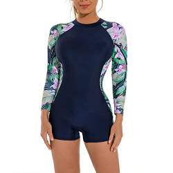 FYMNSI Damen Surfanzug Badeanzug mit Bein Rei?verschluss Einteiler Langarm Rashguard UPF 50+ Bademode Surfen Schwimmanzug Blumen Bedruckt Bauchweg Sportlich Sonnenschutz Badebekleidung Marineblau L von FYMNSI