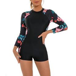 FYMNSI Damen Surfanzug Badeanzug mit Bein Reißverschluss Einteiler Langarm Rashguard UPF 50+ Bademode Surfen Schwimmanzug Blumen Bedruckt Bauchweg Sportlich Sonnenschutz Badebekleidung Rot Blumen S von FYMNSI