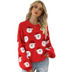 FYMNSI Damen Weihnachten Strickpullover Langarm Roundhals Gestrickter Pullover Weihnachtsmann Sweatshirt Winterpulli Ugly Christmas Sweater Weihnachtspullover Basic Weihnachtspulli Outwear Rot S von FYMNSI