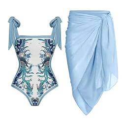 FYMNSI Damen Zweiteilig Badeanzug Blumen Druck Monokini Vinatge Bauchweg Rückenfrei Ruched Einteilige Bademode Swimsuit mit Strand Wrap Sarong Chiffon Wickelröcke Badekleid Schwimmrock Hellblau S von FYMNSI