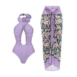 FYMNSI Damen Zweiteilig Badeanzug Neckholder Monokini Elegant Bauchweg Ruched Retro Einteilige Bademode Swimsuit mit Strand Wrap Sarong Chiffon Wickelröcke Blumen Badekleid Schwimmrock Violett M von FYMNSI