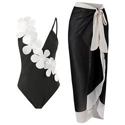 FYMNSI Damen Zweiteilig Badeanzug V-Ausschnitt Monokini Elegant Rüschen Bauchweg Rückenfrei Ruched Einteilige Bademode Swimsuit mit Strand Wrap Sarong Chiffon Wickelröcke Badekleid Schwarz + Weiß M von FYMNSI